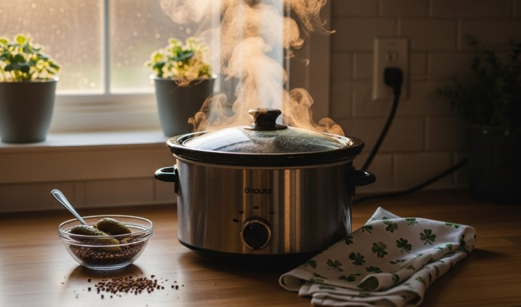 slow cooker with corned beef on kitchen counter