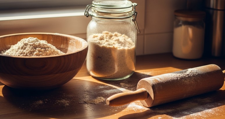sourdough discard cinnamon roll ingredients on floured kitchen counter