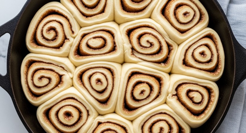 unbaked sourdough cinnamon rolls in cast iron skillet