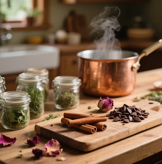 winter herbal cordial ingredients on wooden counter