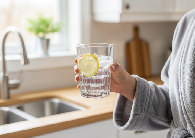 woman doing 7-second ice water hack with lemon