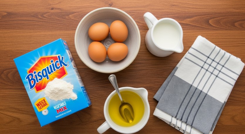 Ingredients for Bisquick pancakes on kitchen counter