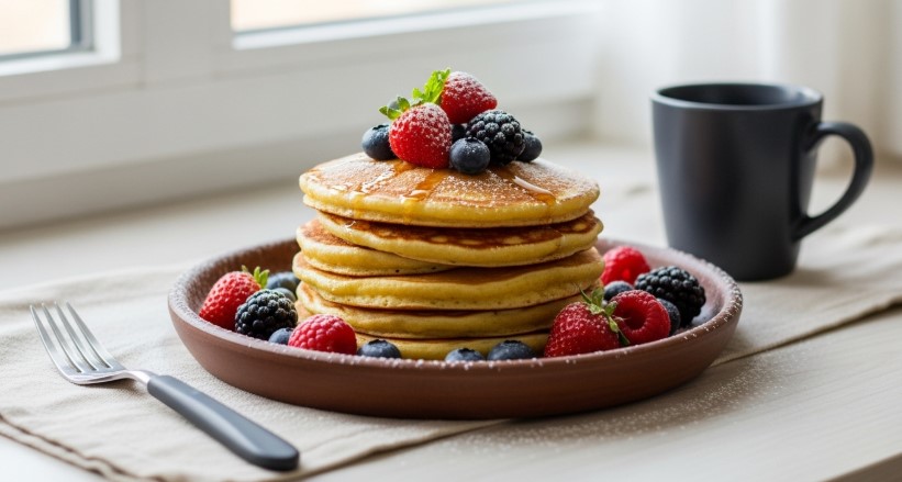 Bisquick pancakes topped with berries and powdered sugar