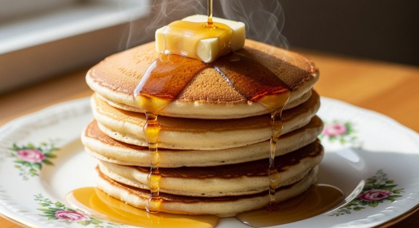 Freshly made Bisquick pancakes stacked with butter and syrup