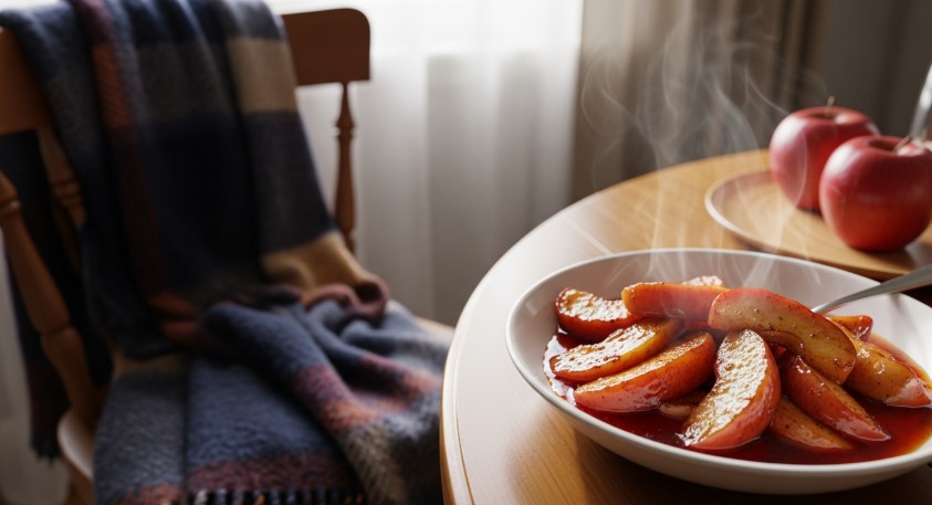 Bowl of fried apples in cozy kitchen