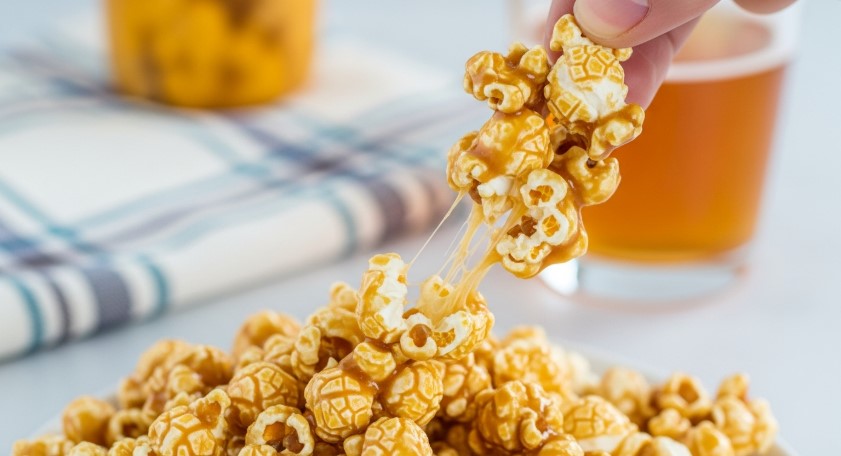 chewy caramel popcorn close-up