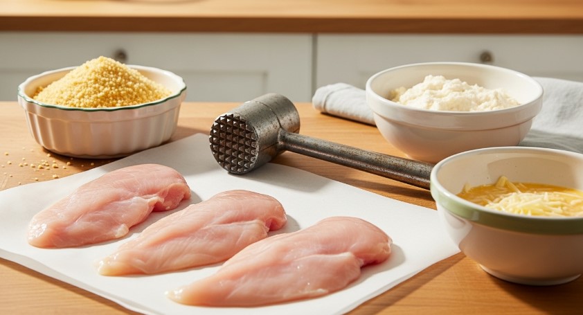 Chicken cutlet breading station setup