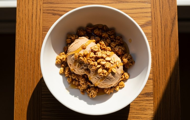 Cinnamon protein Ninja Creami ice cream topped with granola