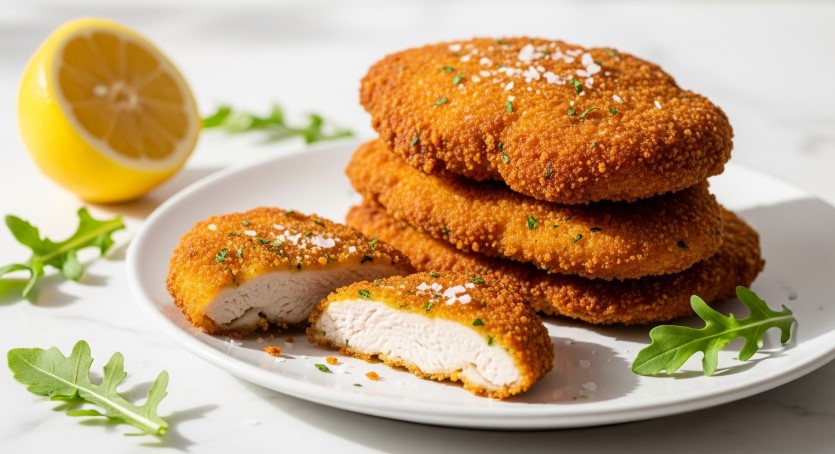 Crispy sliced chicken cutlet with lemon garnish