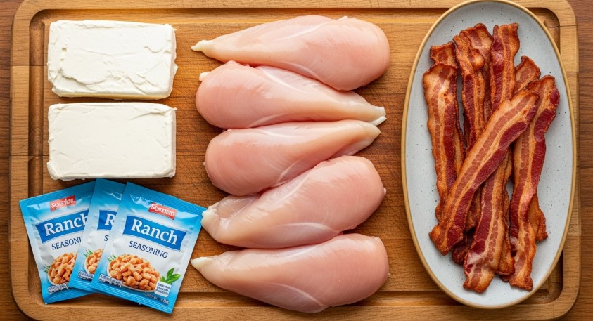 crack chicken ingredients on a wooden board