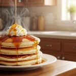 Final plated Bisquick pancakes with butter and syrup