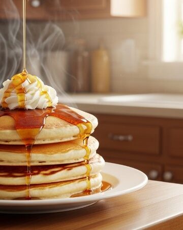 Final plated Bisquick pancakes with butter and syrup
