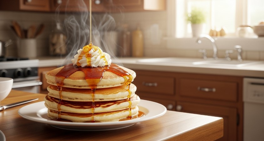 Final plated Bisquick pancakes with butter and syrup