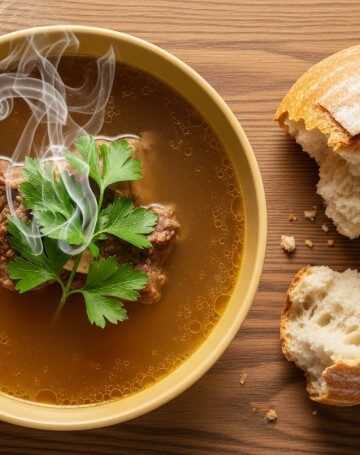 bowl of beef bone broth with steam and herbs