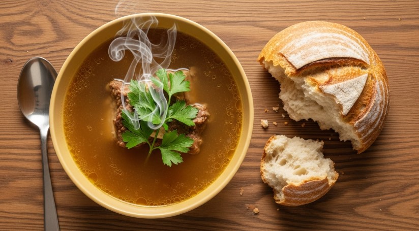 bowl of beef bone broth with steam and herbs