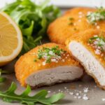 Crispy Italian chicken cutlet with salad on ceramic plate