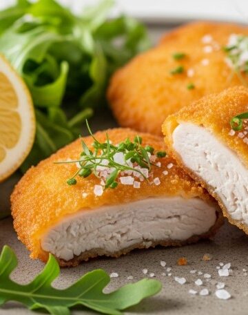 Crispy Italian chicken cutlet with salad on ceramic plate