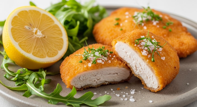 Crispy Italian chicken cutlet with salad on ceramic plate