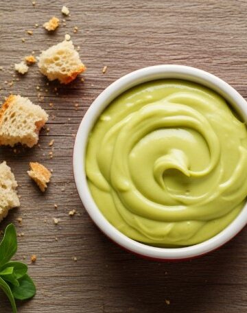 Bowl of finished pistachio cream with toast crumbs