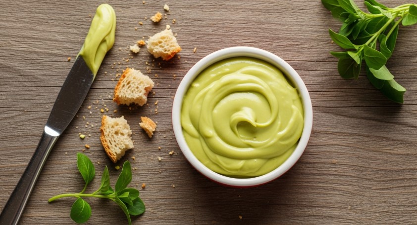 Bowl of finished pistachio cream with toast crumbs