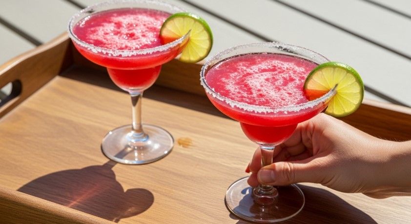 Two frosty strawberry margaritas on serving tray