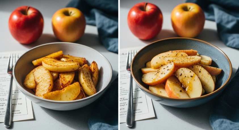 Healthy fried apples next to classic version