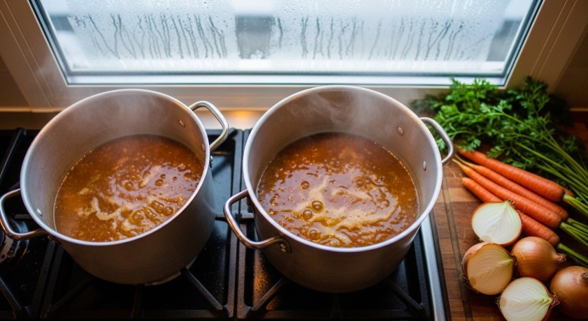 simmering pots of homemade beef bone broth on stove