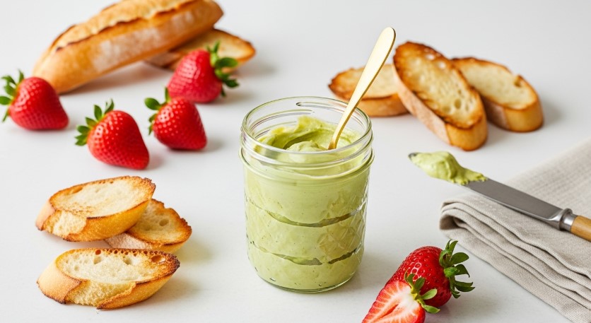 Jar of homemade pistachio cream surrounded by bread and fruit