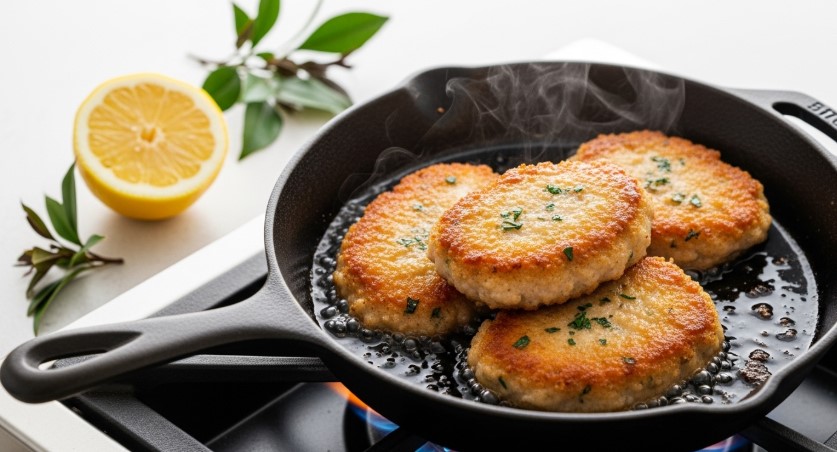 Pan-frying golden chicken cutlets in olive oil