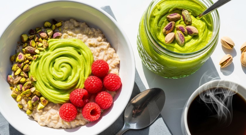 Pistachio cream swirled into a breakfast bowl of oatmeal