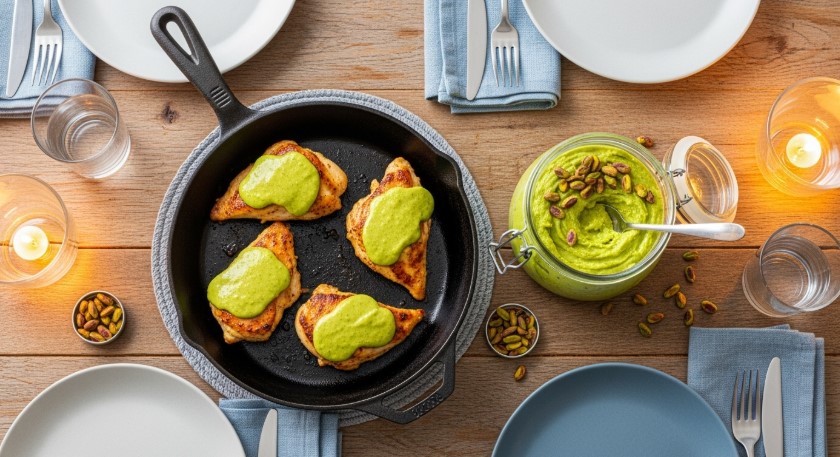 Savory pistachio cream glazed chicken served family-style