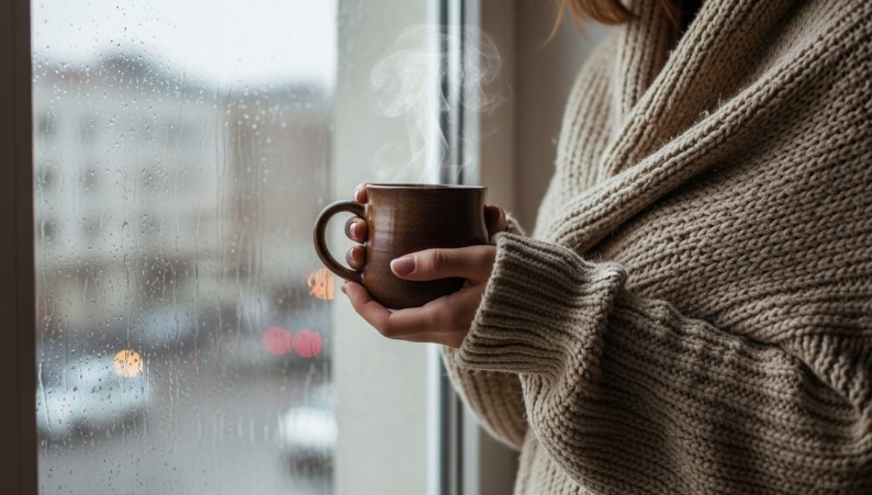 woman holding mug of steaming beef bone broth