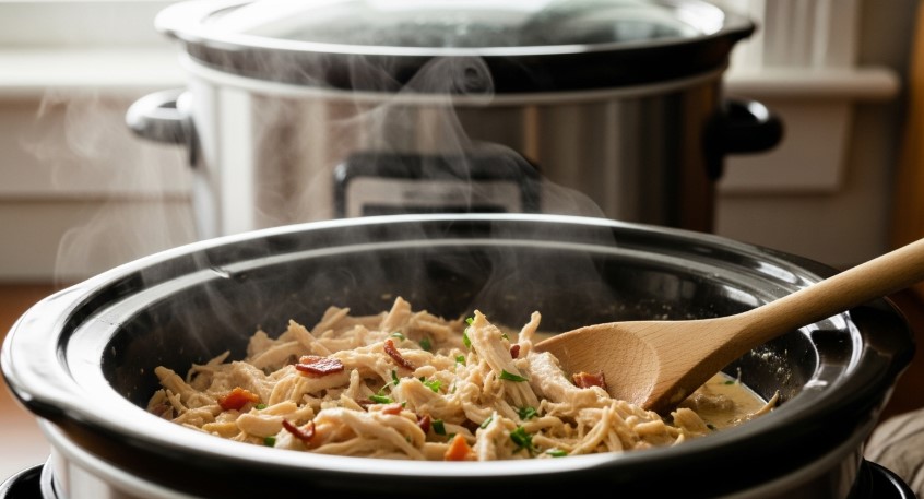 creamy slow cooker crack chicken steaming on a countertop