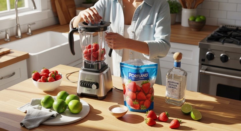 Ingredients for strawberry margarita being prepped