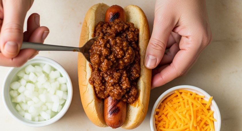 spooning hot dog chili onto grilled hot dog