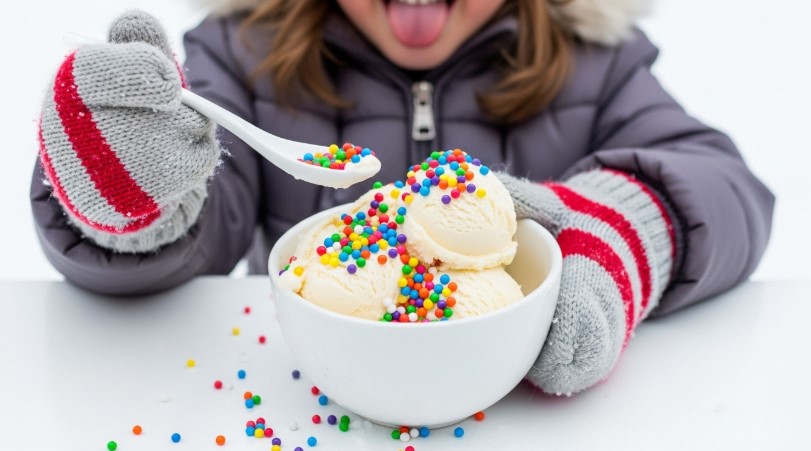 child scooping fresh snow for snow ice cream