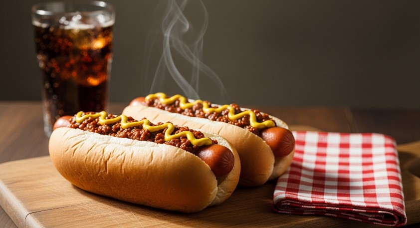 hot dog chili on toasted buns with mustard