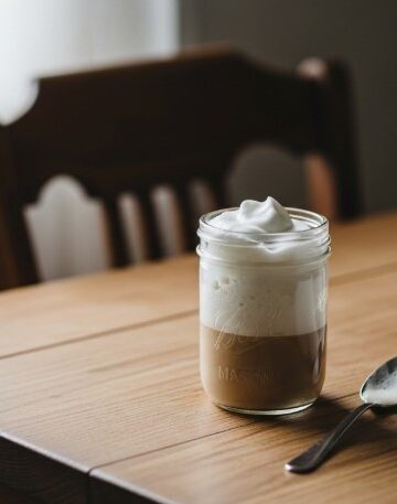 Mason jar of homemade cold foam on a wooden table