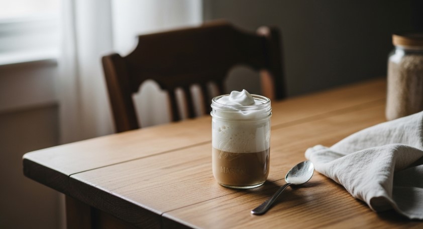 Mason jar of homemade cold foam on a wooden table