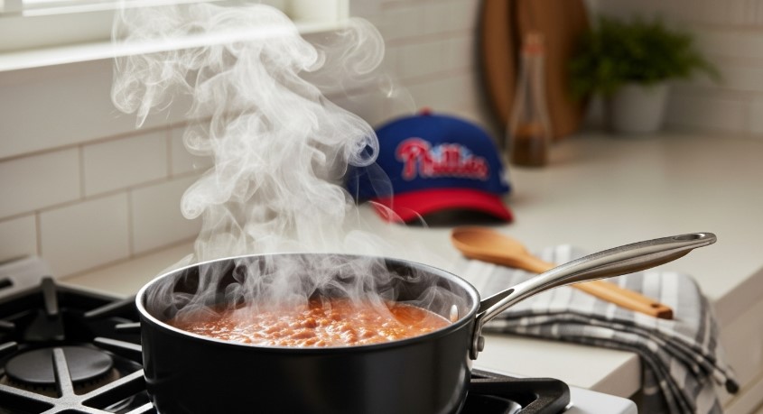 simmering homemade hot dog chili in saucepan