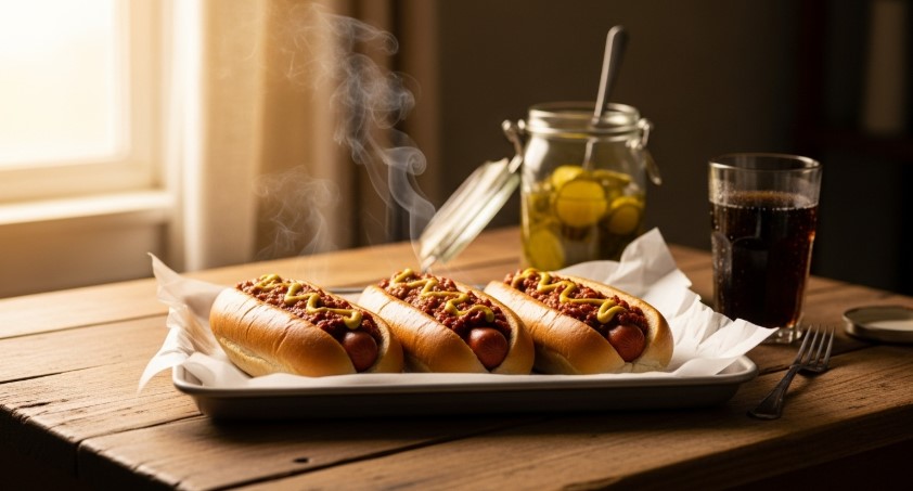 steaming hot dog chili on toasted buns