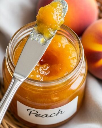 jar of old fashioned peach jam with peaches