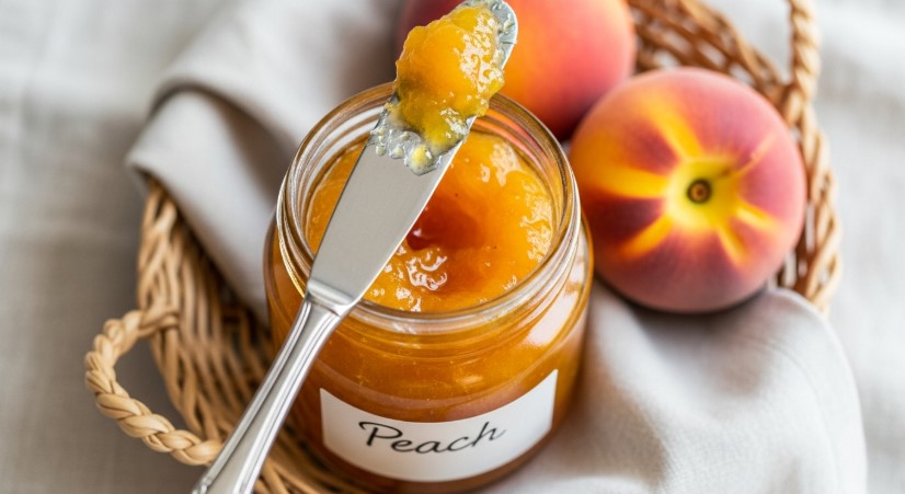 jar of old fashioned peach jam with peaches