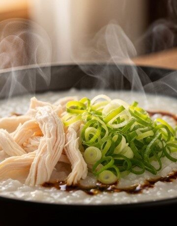 steaming bowl of rice porridge with toppings