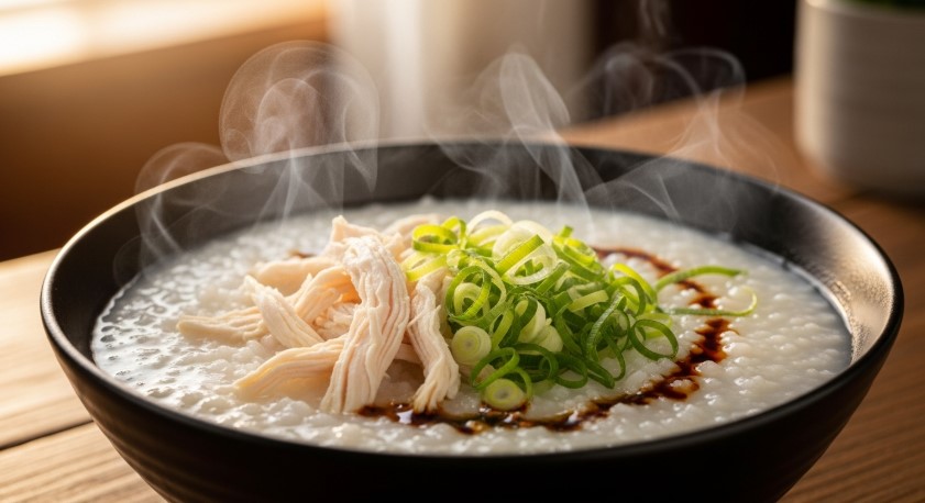 steaming bowl of rice porridge with toppings