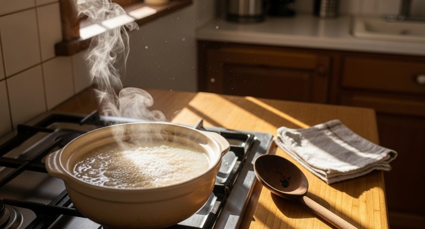 steaming rice porridge in cozy kitchen