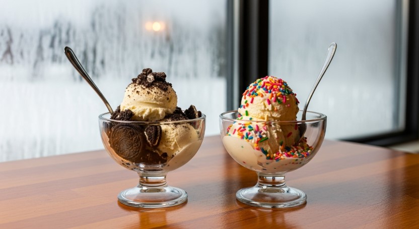 snow ice cream served in dessert cups with toppings