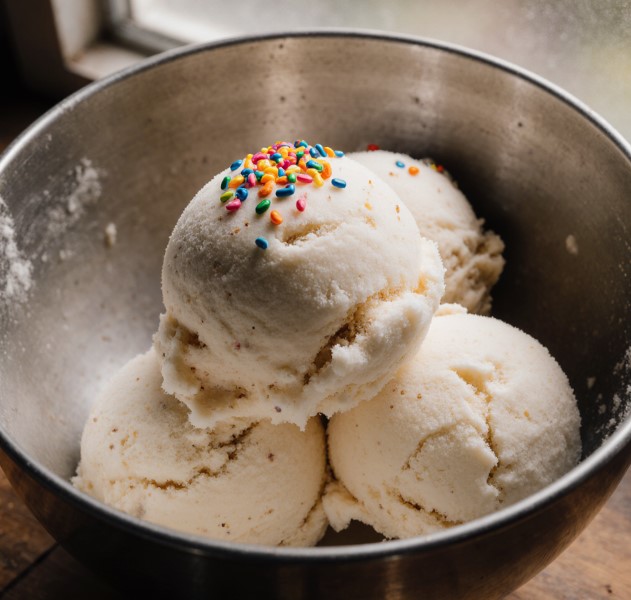 freshly made snow ice cream with sprinkles in metal bowl