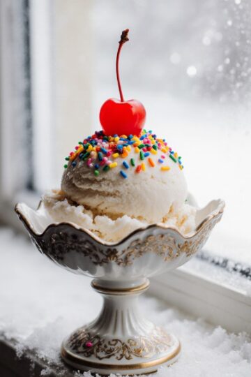 scoop of snow ice cream in vintage dish with sprinkles and cherry
