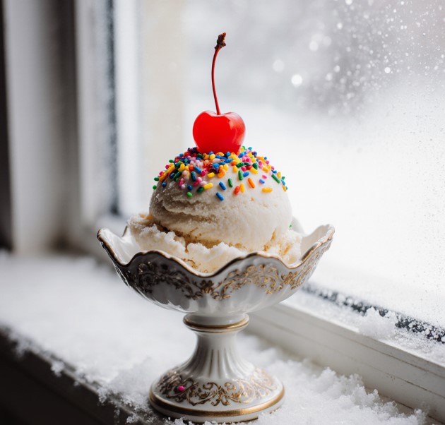scoop of snow ice cream in vintage dish with sprinkles and cherry